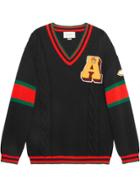 Gucci Cable Knit Sweater With Patches - Black