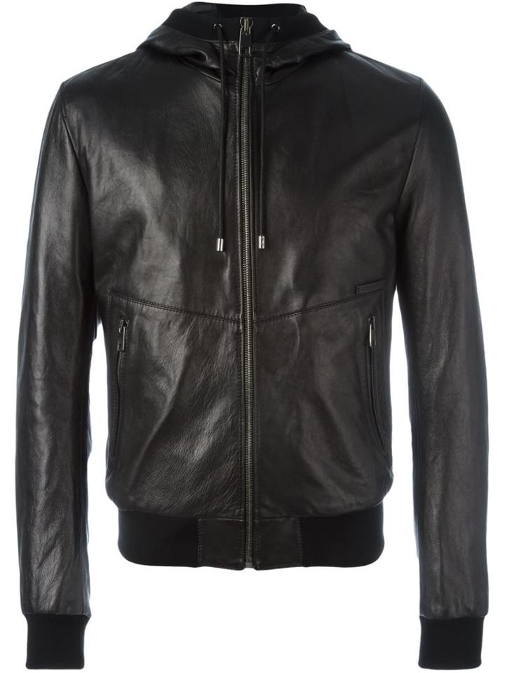 Dolce & Gabbana Hooded Leather Jacket, Men's, Size: 54, Black, Lamb Skin/viscose/acetate/polyester