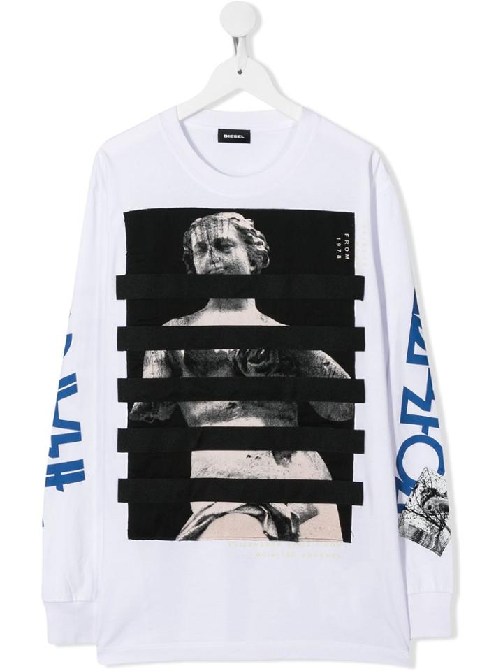 Diesel Kids Statue Print Tape-detail Sweatshirt - White