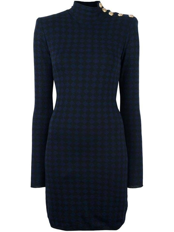 Balmain Check Pattern Mini Dress, Women's, Size: 38, Blue, Wool