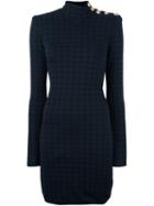 Balmain Check Pattern Mini Dress, Women's, Size: 38, Blue, Wool
