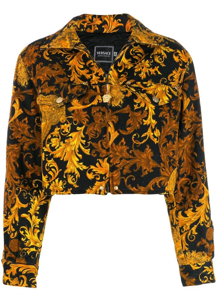 Versace Vintage Baroque-print Padded Denim Jacket - Black