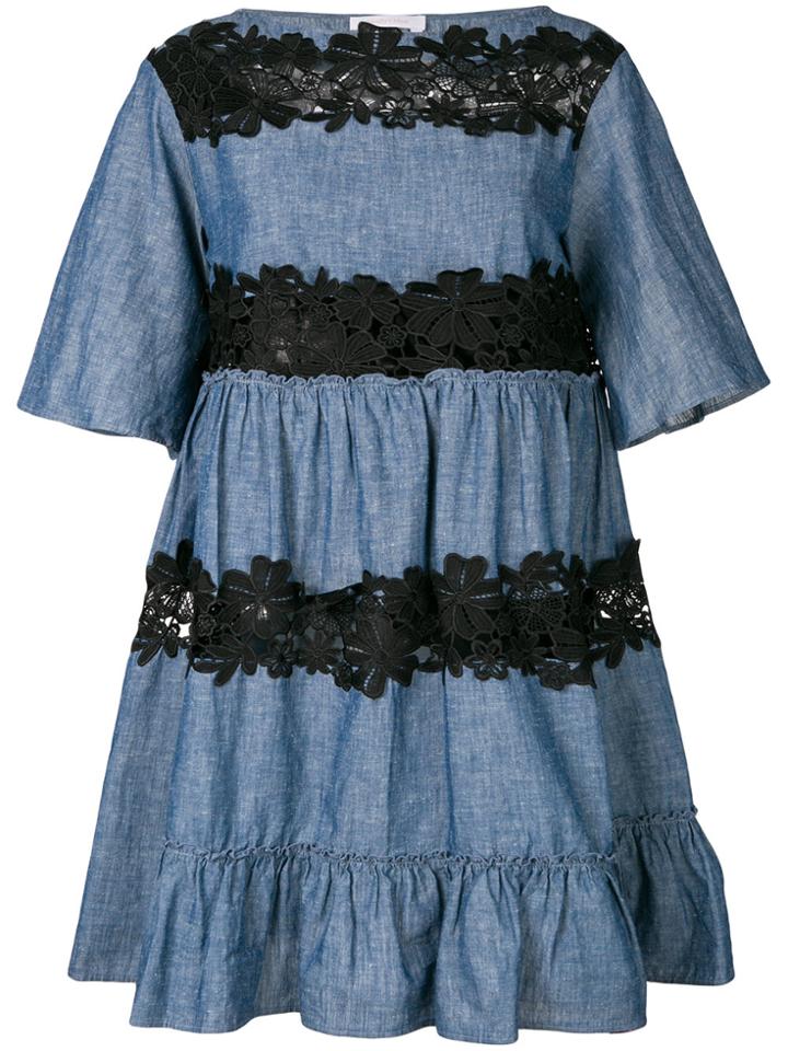 See By Chloé Lace Insert Chambray Dress - Blue