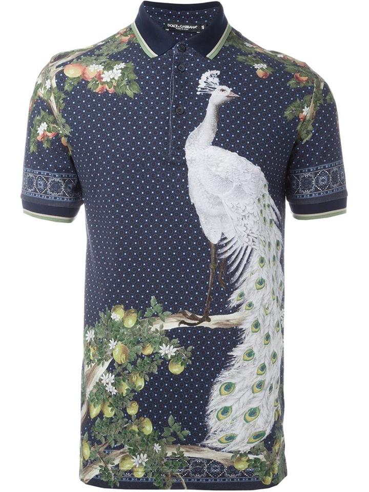 Dolce & Gabbana Peacock Print Polo Shirt, Men's, Size: 50, Blue, Cotton
