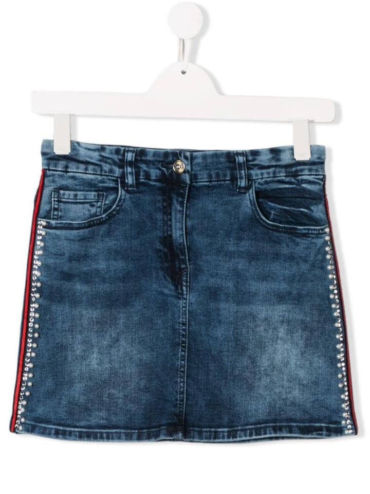 Monnalisa Teen Side-stripe Denim Skirt - Blue