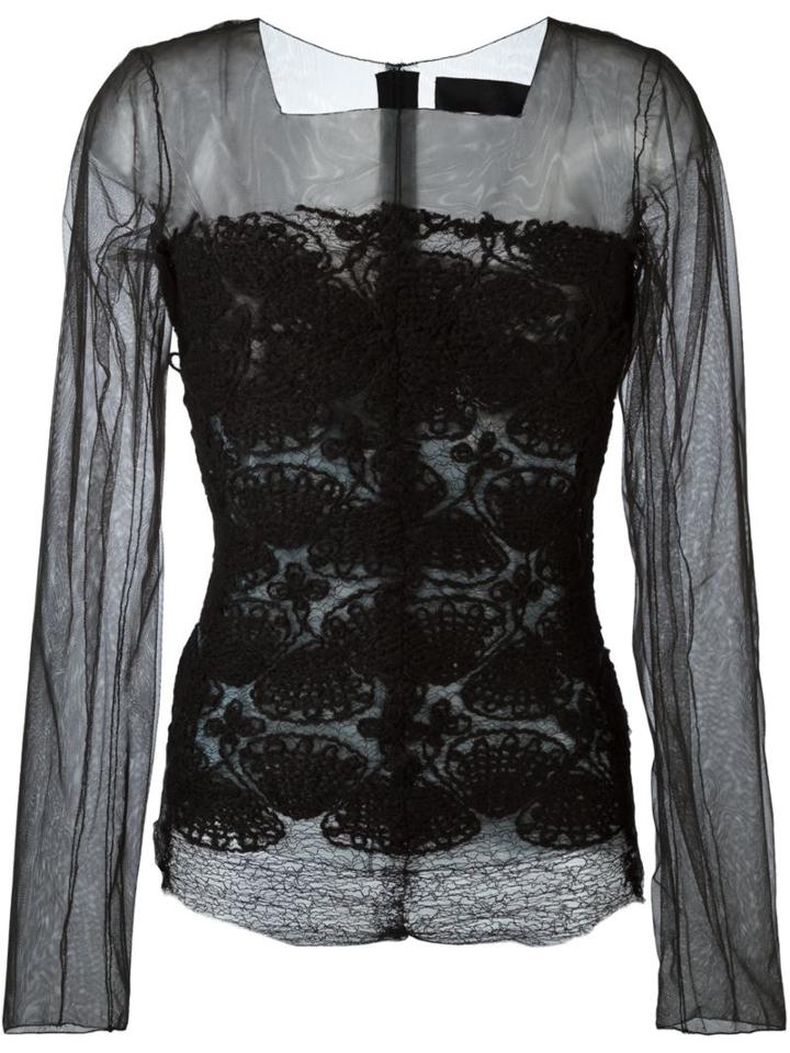 Marc Le Bihan Embroidered Sheer Blouse, Women's, Size: 40, Black, Acrylic/polyester/polyamide