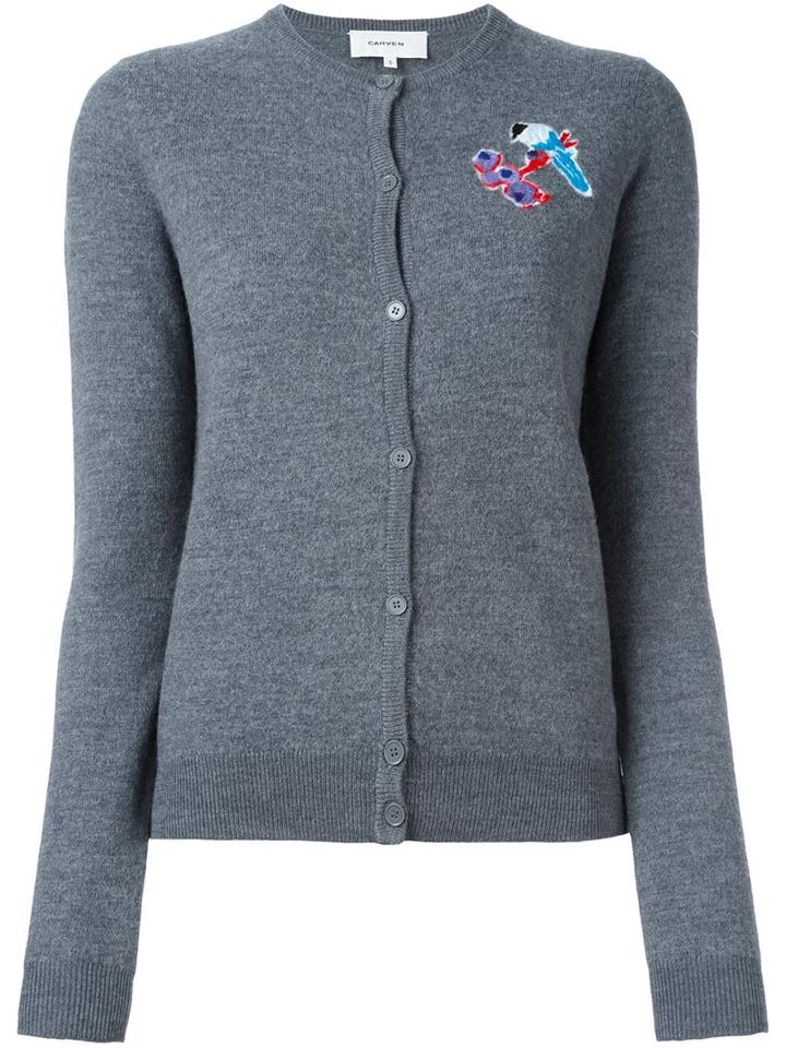 Carven Logo Print Cardigan, Women's, Size: 36, Grey, Wool