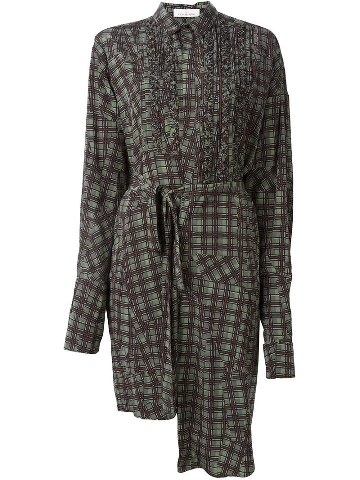 A.f.vandevorst Checked Asymmetric Longsleeved Dress, Women's, Size: 38, Green, Silk/spandex/elastane
