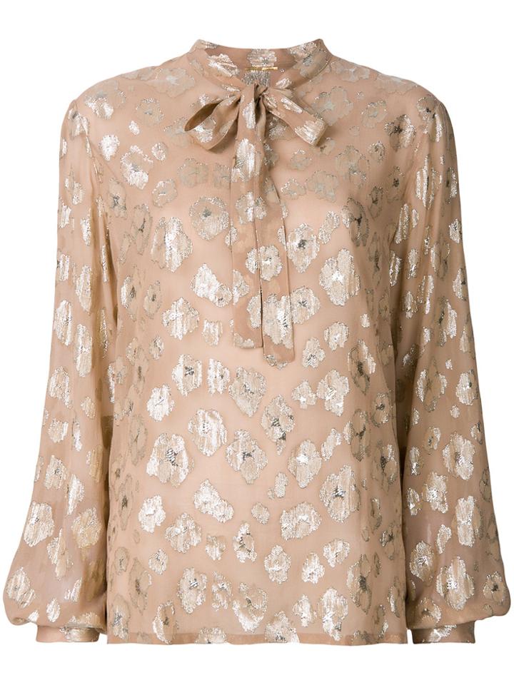 Saint Laurent Foiled Floral Tie Neck Blouse - Nude & Neutrals