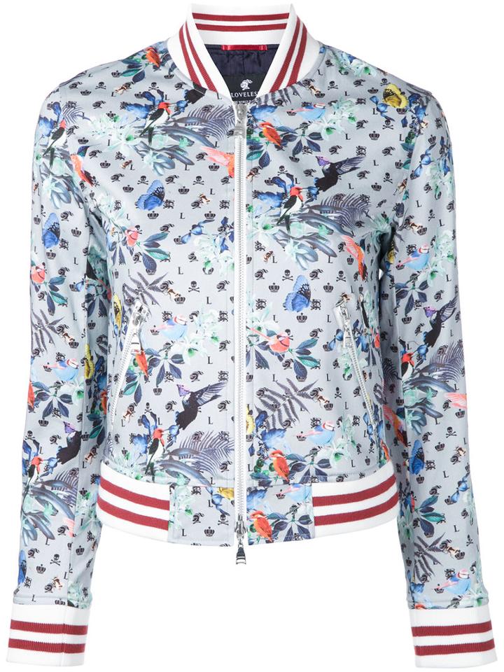 Loveless Bird Print Bomber Jacket, Women's, Size: 34, Blue, Cotton/polyurethane