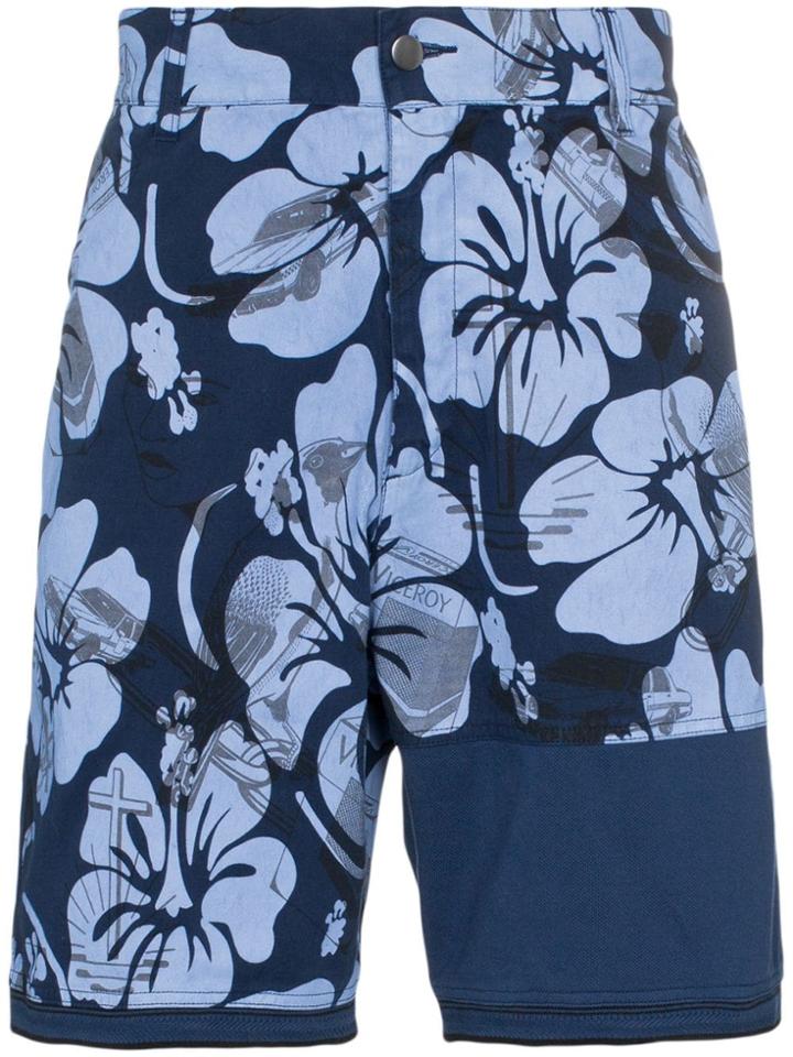 Liam Hodges Patch Detail Floral Print Cotton Cargo Shorts - Blue