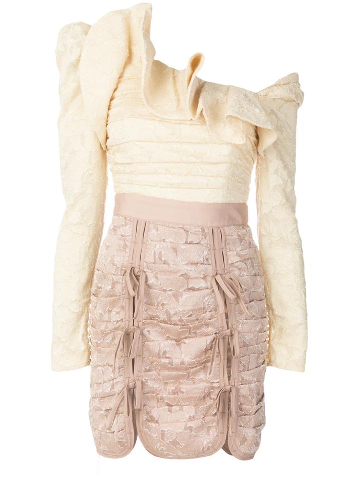 Self-portrait Pleated One-shoulder Dress - Yellow & Orange