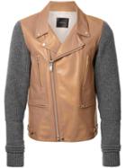 Undercover Knit Sleeves Biker Jacket, Men's, Size: 4, Brown, Calf Leather/cupro/wool