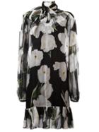 Dolce & Gabbana Tulip Print Sheer Dress, Women's, Size: 44, Black, Silk/cotton/polyamide