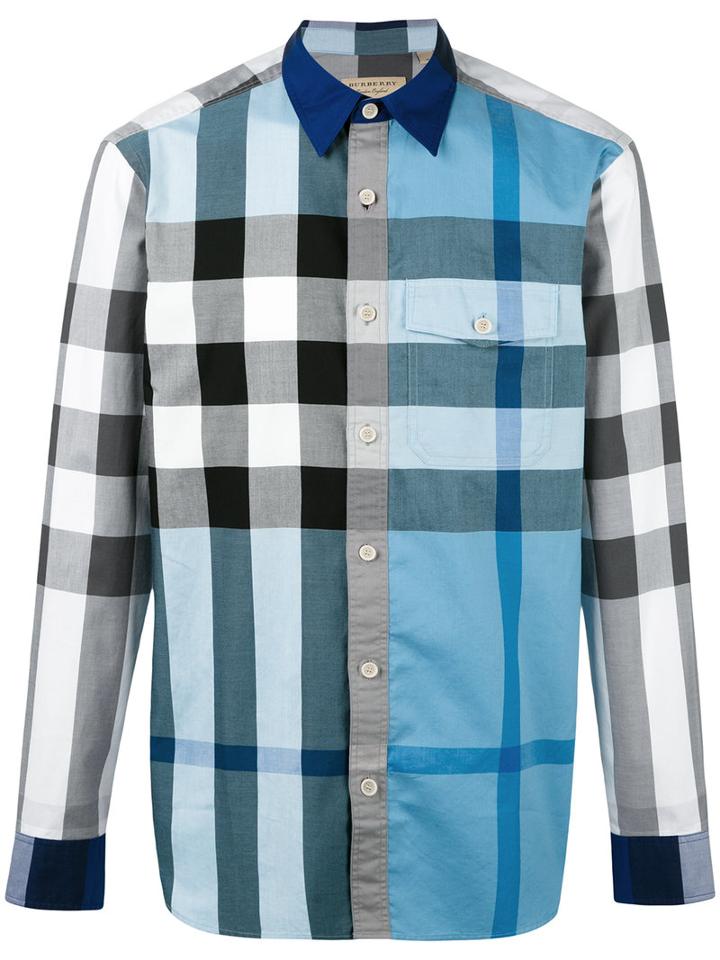 Burberry Checked Shirt, Size: Large, Blue, Cotton