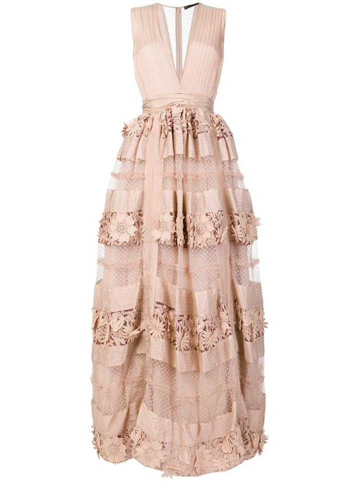 Amen Lace Cutout Tiered Evening Dress - Nude & Neutrals