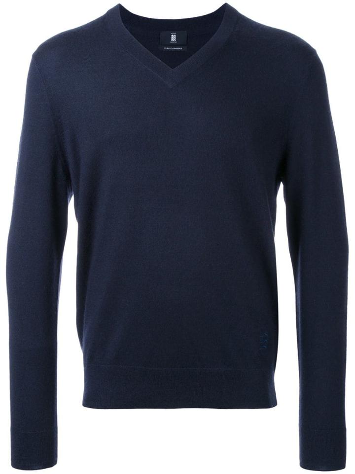 Kent & Curwen Logo Embroidered V-neck Jumper - Blue