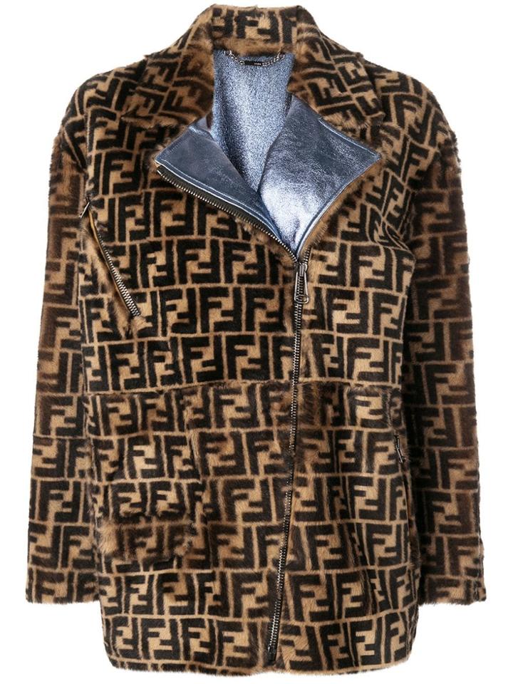 Fendi Ff Logo Fur-trim Bomber Jacket - Brown