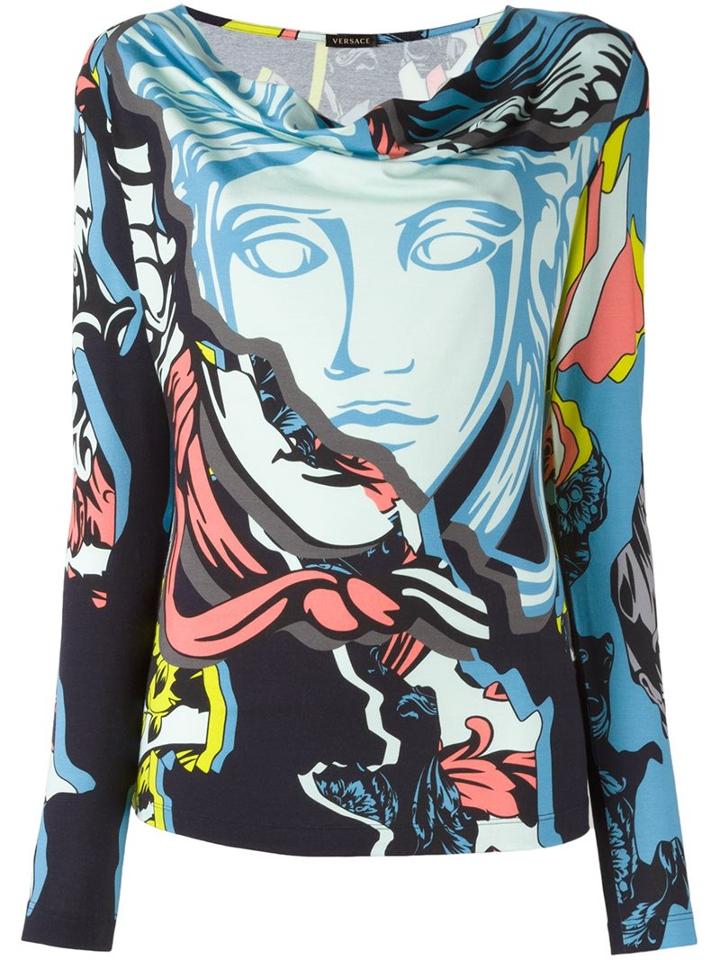 Versace 'jagged Baroque Medusa' Drape Neck Jersey, Women's, Size: 42, Blue, Spandex/elastane/viscose