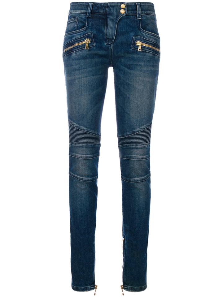 Balmain Stonewashed Denim Biker Jeans - Blue
