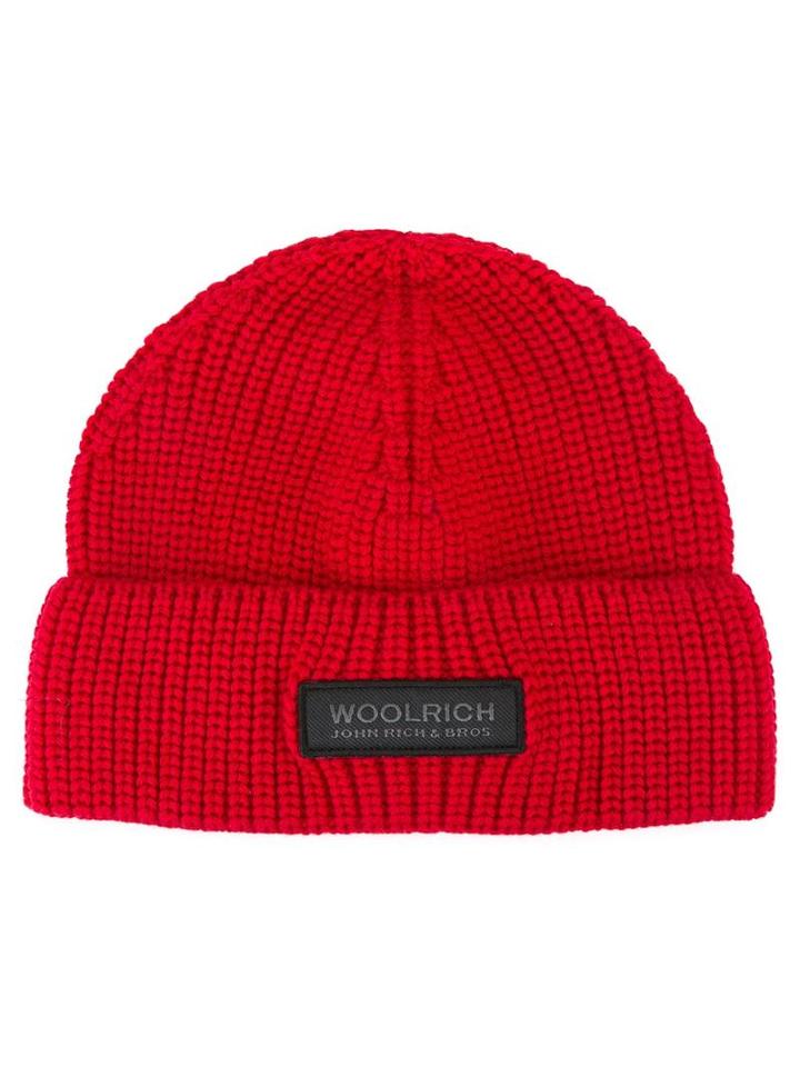 Woolrich Knitted Logo Patch Beanie, Men's, Size: Large, Red, Virgin Wool