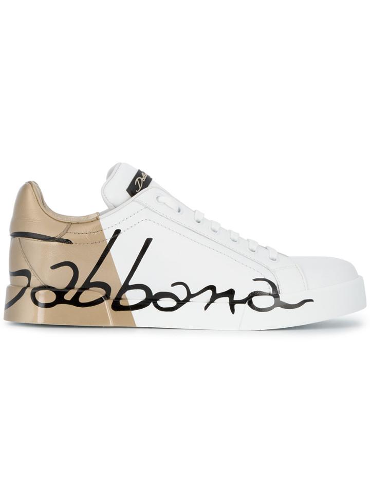 Dolce & Gabbana Gold Logo Printed Sneakers - White