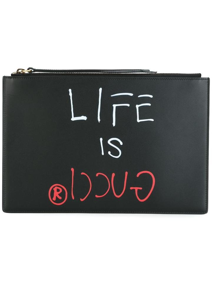 Gucci 'life Is Gucci' Clutch, Black, Calf Leather
