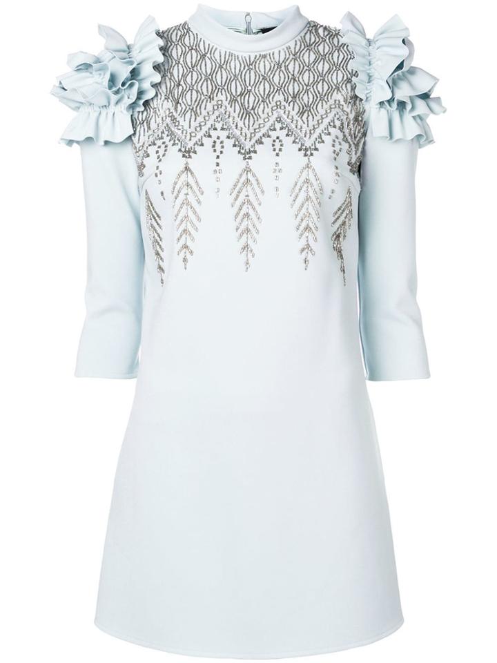 Elisabetta Franchi Ruffled Shoulders Embellished Dress - Blue