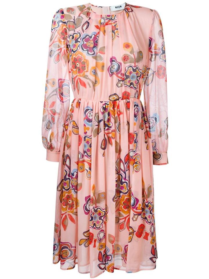 Msgm Floral Print Midi Dress, Women's, Size: 48, Pink/purple, Silk/polyester