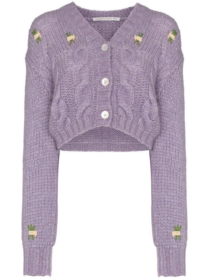 Alessandra Rich Floral Detail Cropped Knit Cardigan - Purple