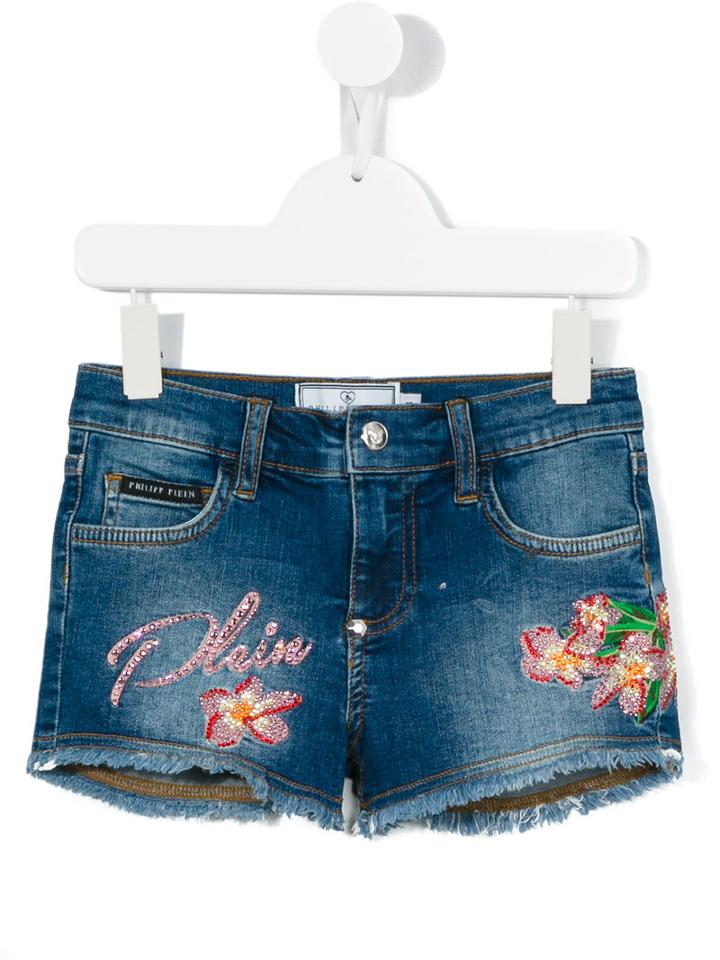 Philipp Plein Kids Embellished Denim Shorts, Girl's, Size: 6 Yrs, Blue