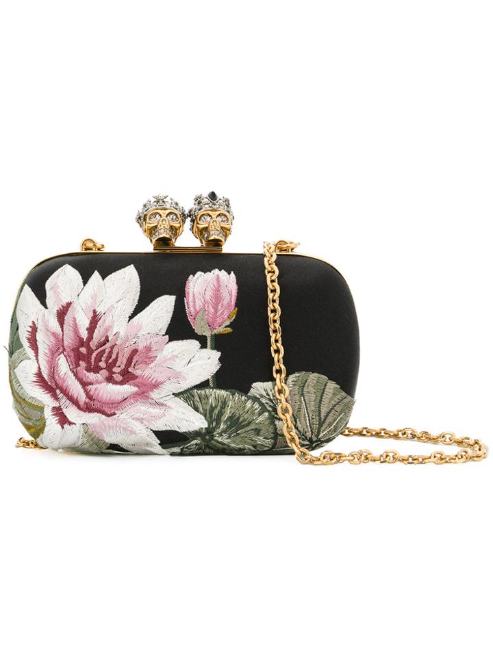 Alexander Mcqueen Floral Embroidered Satin Clutch - Black