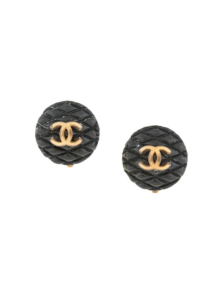 Chanel Vintage Quilted Logo Round Earrings - Black