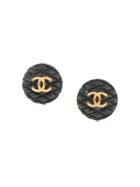 Chanel Vintage Quilted Logo Round Earrings - Black
