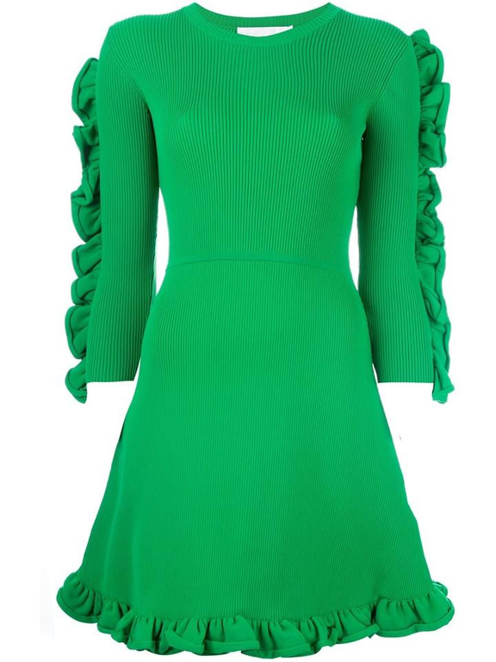 Victoria Victoria Beckham Ruffled Details Short Ribbed Dress, Women's, Size: 8, Green, Nylon