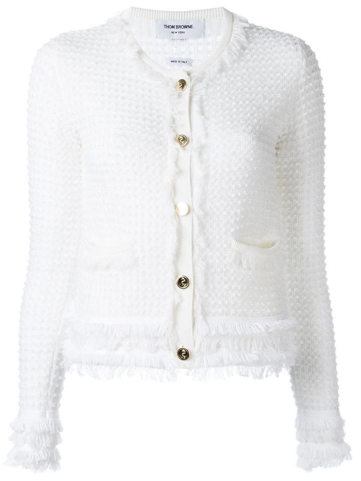 Thom Browne Frayed Trim Button Up Cardigan, Women's, Size: 40, White, Cotton/nylon