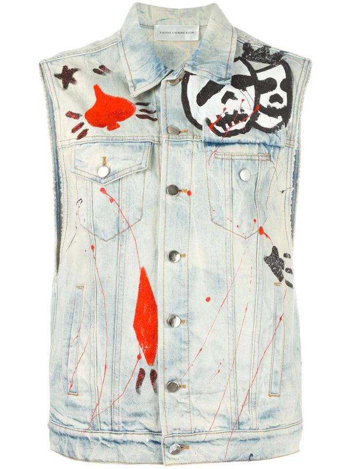 Faith Connexion Hand-painted Effect Denim Gilet - Blue