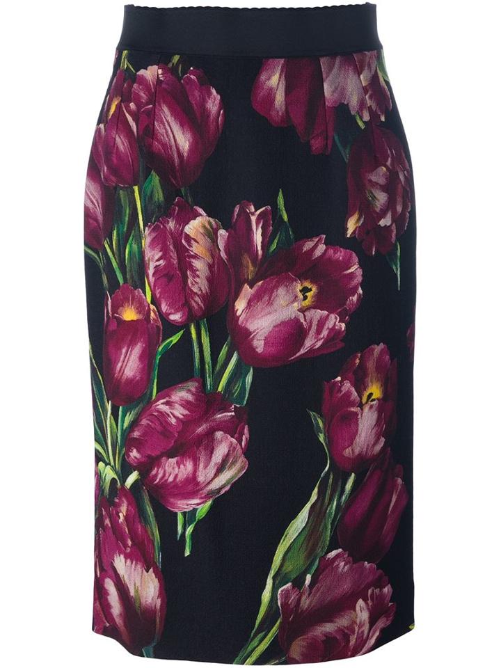 Dolce & Gabbana Tulip Print Pencil Skirt, Women's, Size: 42, Black, Silk/spandex/elastane/wool