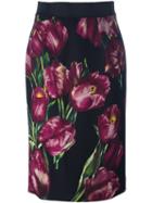 Dolce & Gabbana Tulip Print Pencil Skirt, Women's, Size: 42, Black, Silk/spandex/elastane/wool