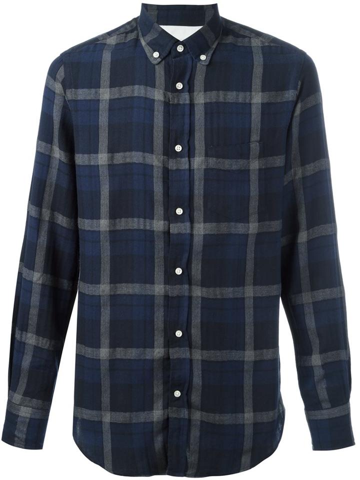 Officine Generale Japanese Twill Plaid Shirt, Men's, Size: Small, Blue, Cotton/ramie/polyurethane