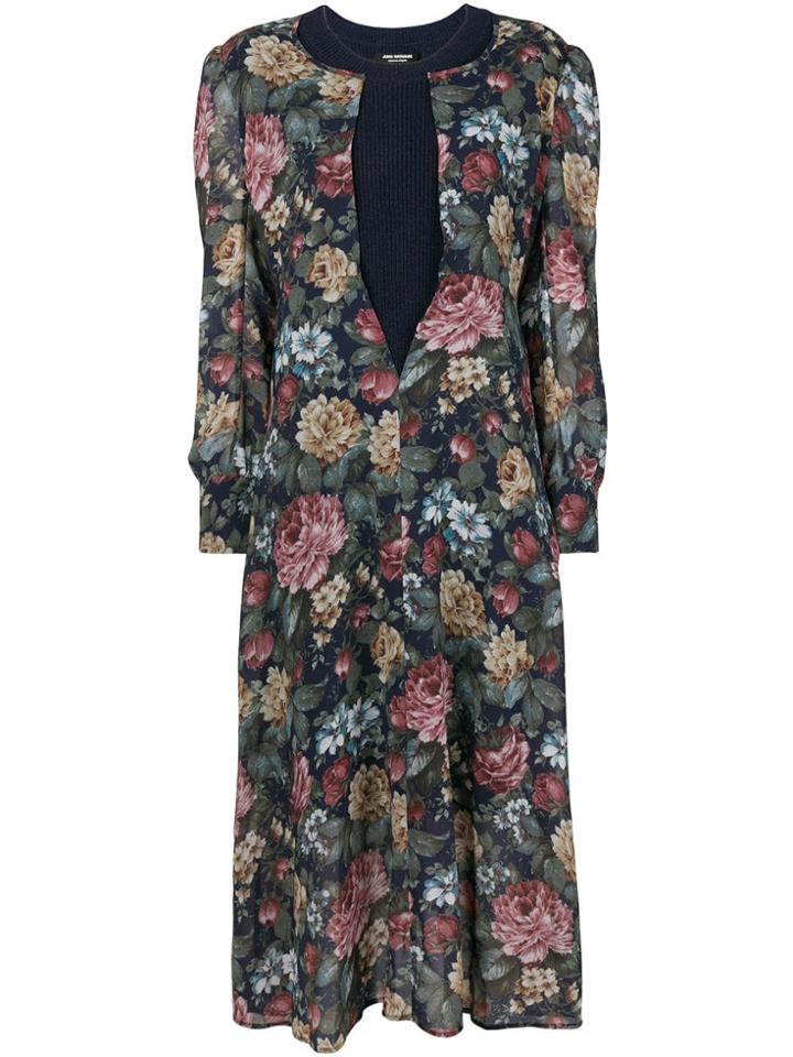 Junya Watanabe Ribbed Knit Sheer Floral Dress - Blue