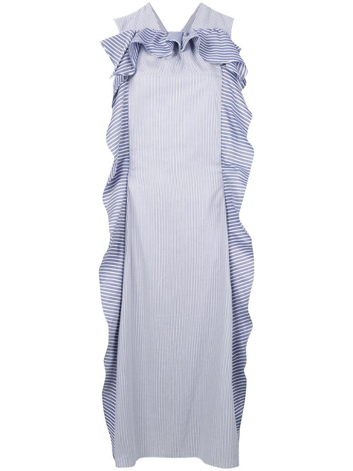 Carven Striped Sleeveless Ruffle Midi Dress - White
