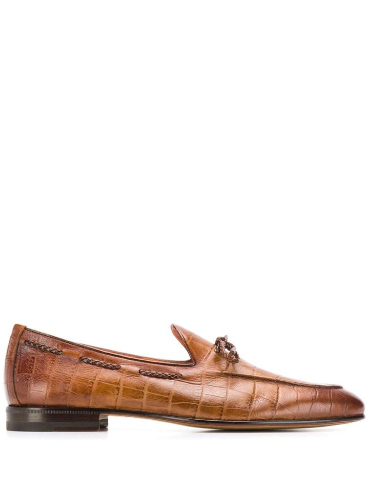 Santoni Crocodile Effect Loafers - Brown