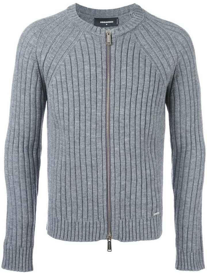 Dsquared2 Ribbed Zip-up Cardigan, Men's, Size: Medium, Grey, Polyester/wool