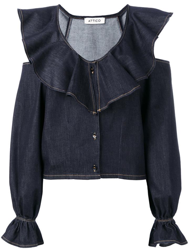 Attico - Cut-out Denim Ruffle Top - Women - Cotton/spandex/elastane - 0, Women's, Blue, Cotton/spandex/elastane