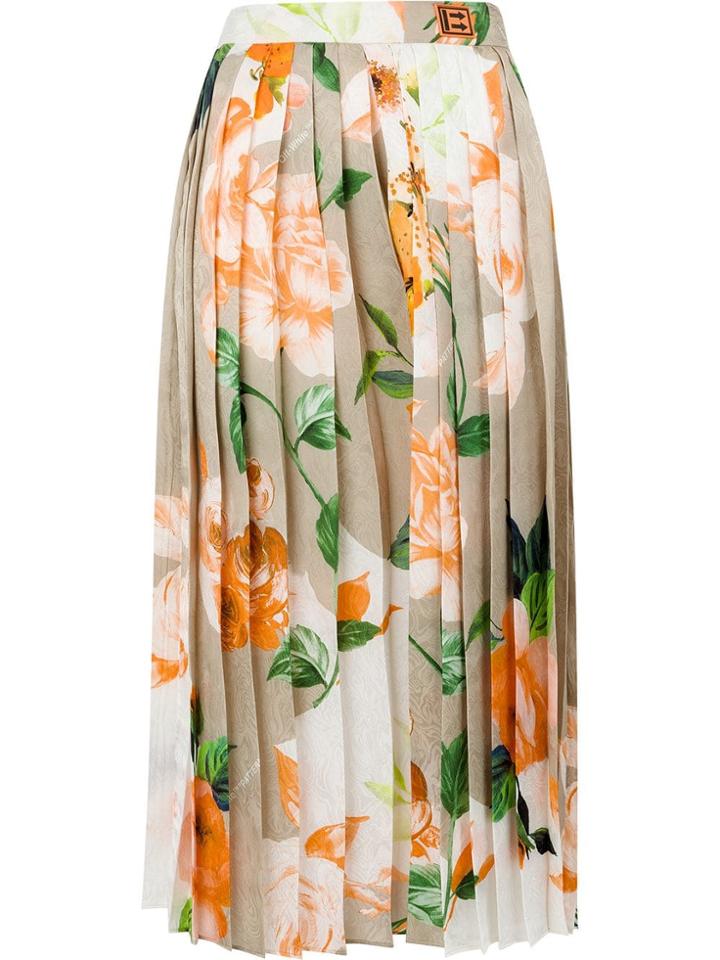 Off-white Floral Print Pleated Skirt - Neutrals