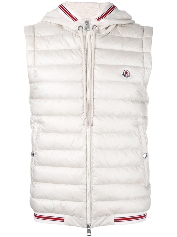 Moncler Striped Trim Hooded Gilet, Men's, Size: Large, White, Polyamide/cotton/goose Down