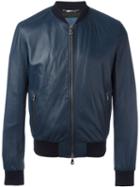 Dolce & Gabbana Leather Bomber Jacket, Men's, Size: 48, Blue, Calf Leather/acetate/viscose/cotton
