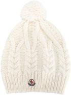 Moncler Pompom Cable Knit Beanie, Women's, White, Wool/alpaca/acrylic