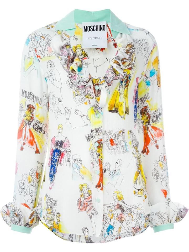 Moschino Fashion Show Print Blouse, Women's, Size: 44, White, Silk